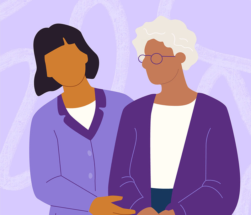 Illustration of two women over a light purple background. There is a younger woman on the left with black hair in a bob with brown skin, who is wearing a light purple jacket. She is holding the elbow of an older woman with short white curly hair and brown skin. She is wearing a dark purple sweater with a white shirt.