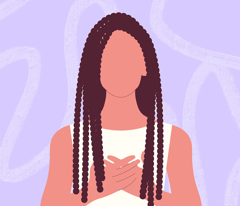 Illustrated woman with braids, wearing a white, sleeveless top. Light purple background with circular frames.