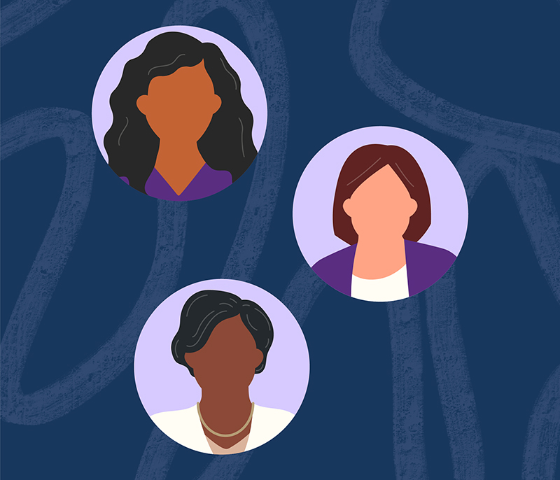 Illustration of three women in circular frames over a dark blue background. The top circle is a young woman with long, curly black hair and brown skin, wearing a purple shirt. The middle circle is a middle-aged white woman with brown hair in a bob wearing a purple cardigan and white shirt. The bottom circle is an older black woman with short black hair wearing a pearl necklace and white shirt.