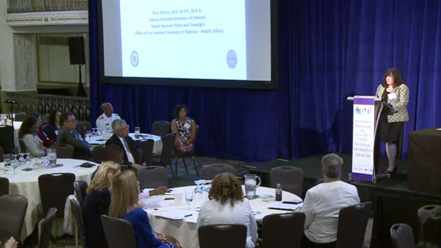 Terry Adirim, M.D., M.P.H., M.B.A., addresses the meeting attendees