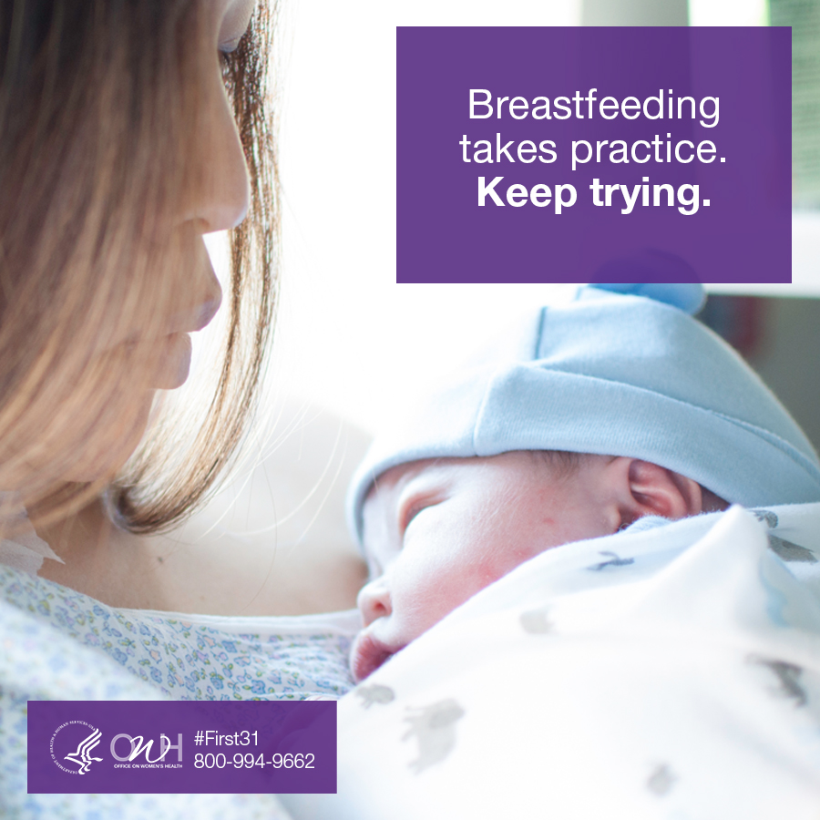 A mother breastfeeding her baby, with a supportive message emphasizing the practice and perseverance needed for breastfeeding.
