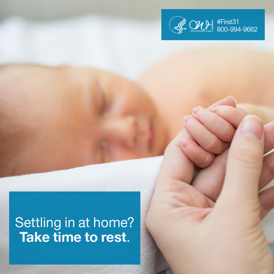 A hand gently holds a tiny baby's hand, symbolizing care and connection, with a message encouraging rest at home.