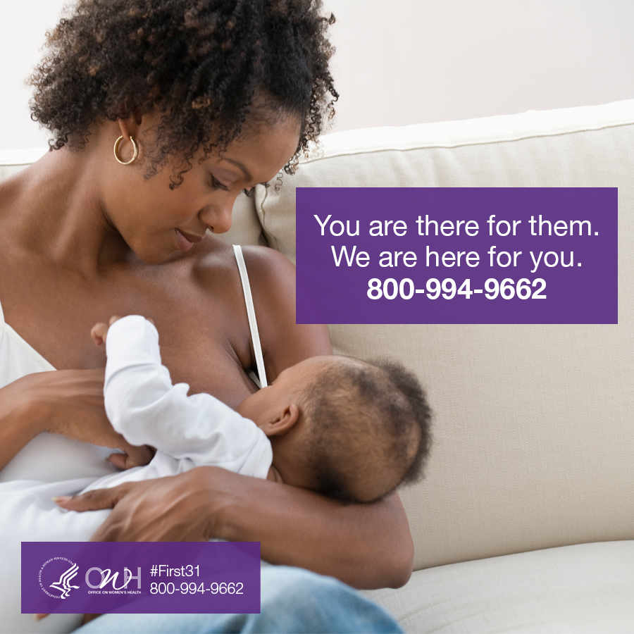 A caregiver gently holds a baby in their arms, conveying support and care, with a contact number for assistance prominently displayed.